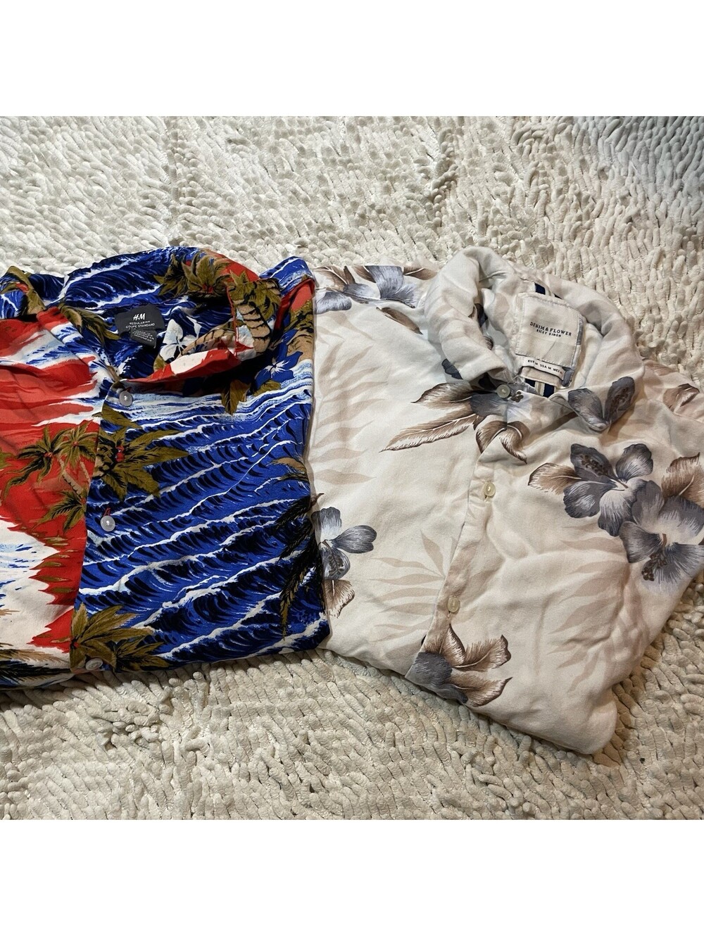 Lot of 2 Men’s H&M Denim Flower Hawaiian Short Sleeve Shirt Button-Up Blue White